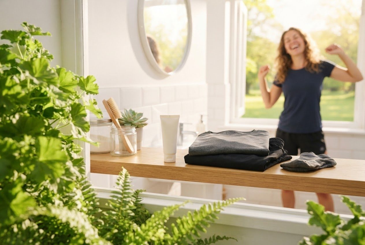 A small tube of balm and neatly folded seamless running clothes on a bathroom shelf, soft morning light