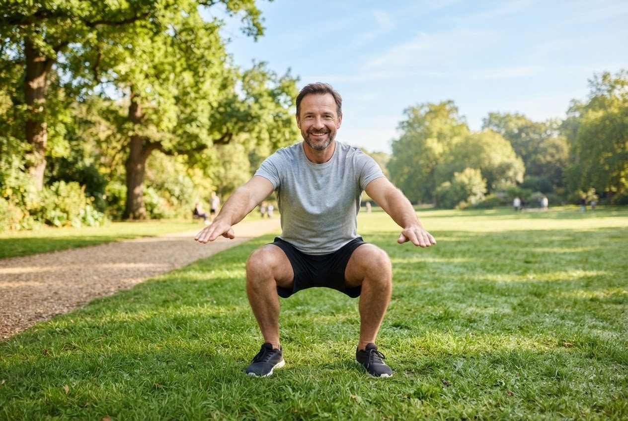 A man doing a slow controlled bodyweight squat on grass in a park, careful form, bright morning light