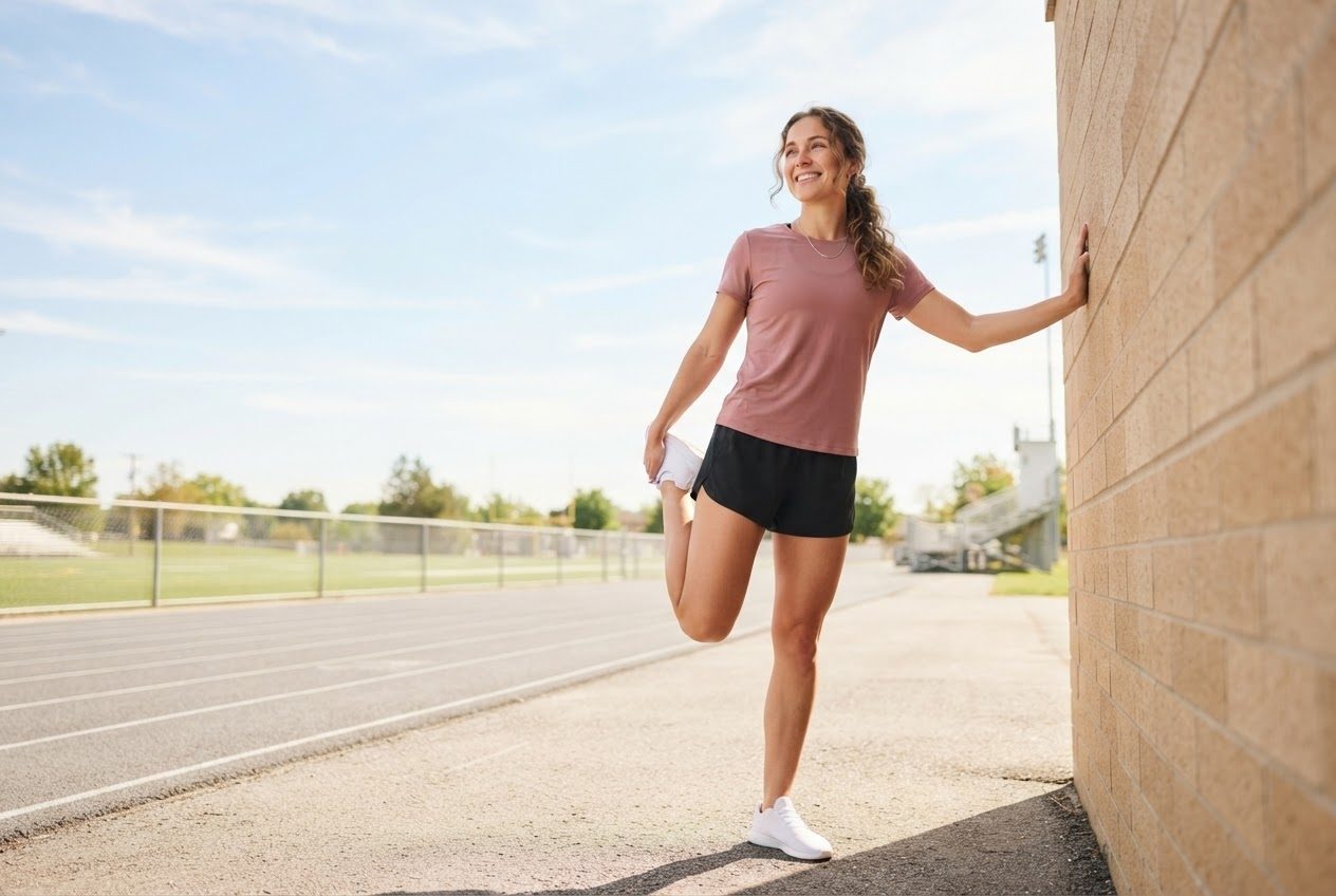 A runner doing an easy stretch against a sunlit wall after finishing, looking content