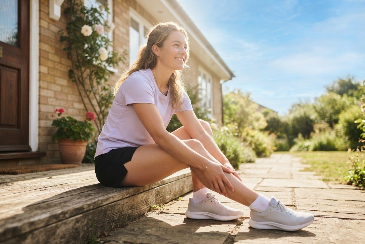 A runner sitting on a sunny doorstep easing a hand along their lower leg, calm and unbothered, bright daylight