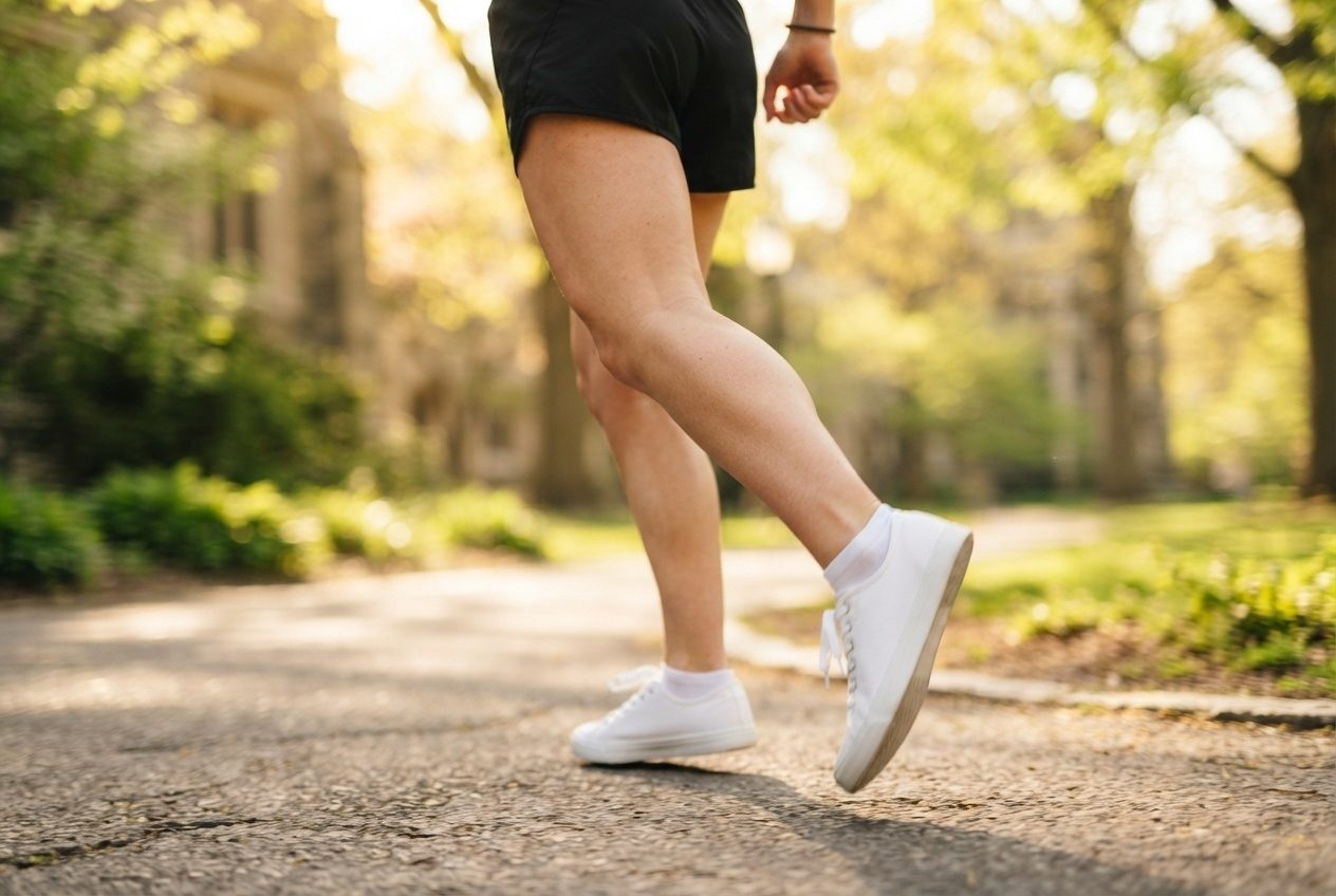 Close view of a runner's calf and ankle mid-stride in warm sunlight