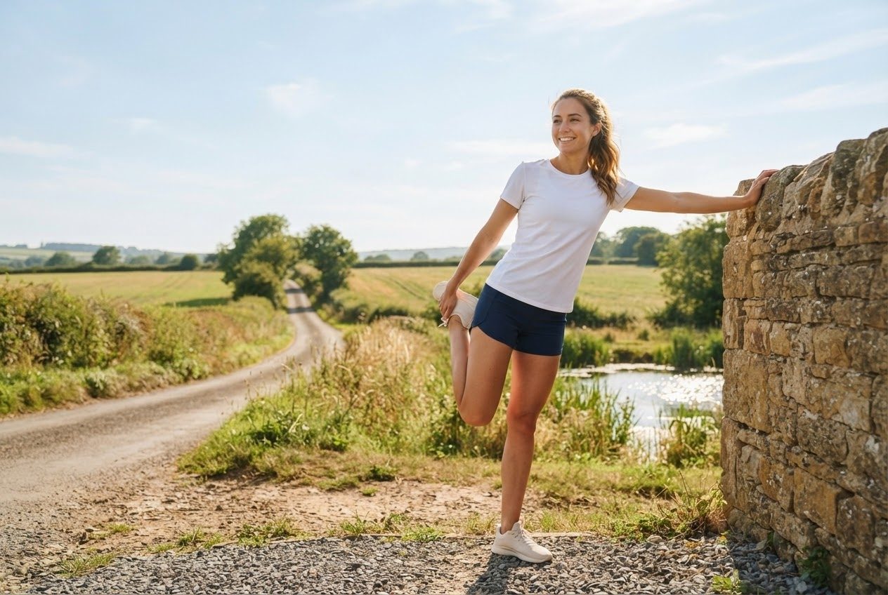 A runner doing an easy stretch against a sunlit wall after finishing, looking content