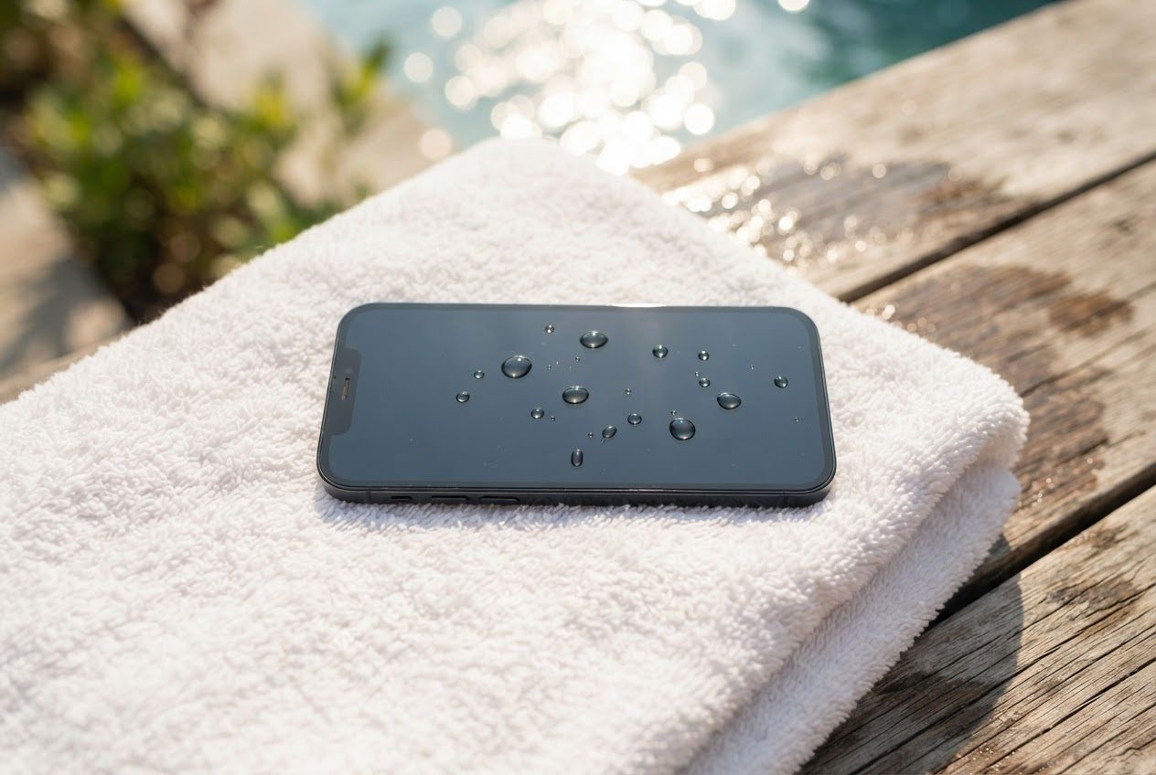 Close view of a smartphone face up on a towel with a few water droplets across the dark screen, bright even daylight