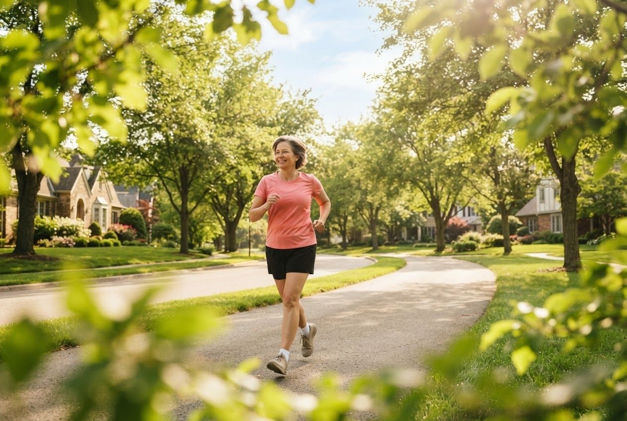 A sunlit path stretching ahead with a runner moving away, both arms free and swinging