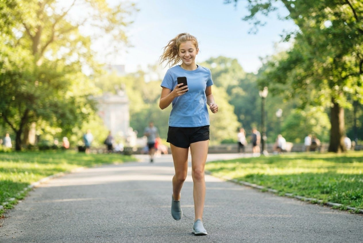 A runner glancing down at a phone screen for a second mid-run, then looking back up smiling