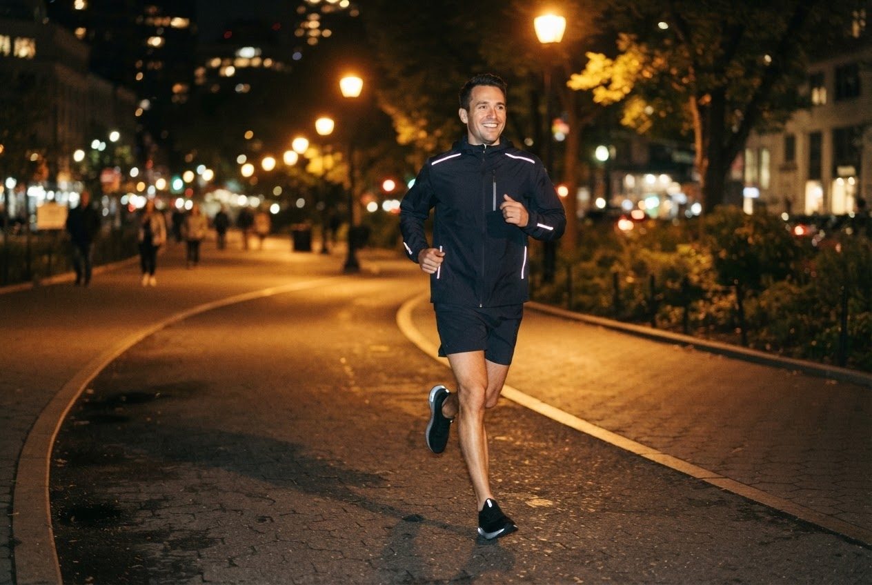 A man running on a well-lit city path at night, streetlights glowing warm, reflective strips catching the light, relaxed and happy in the dark