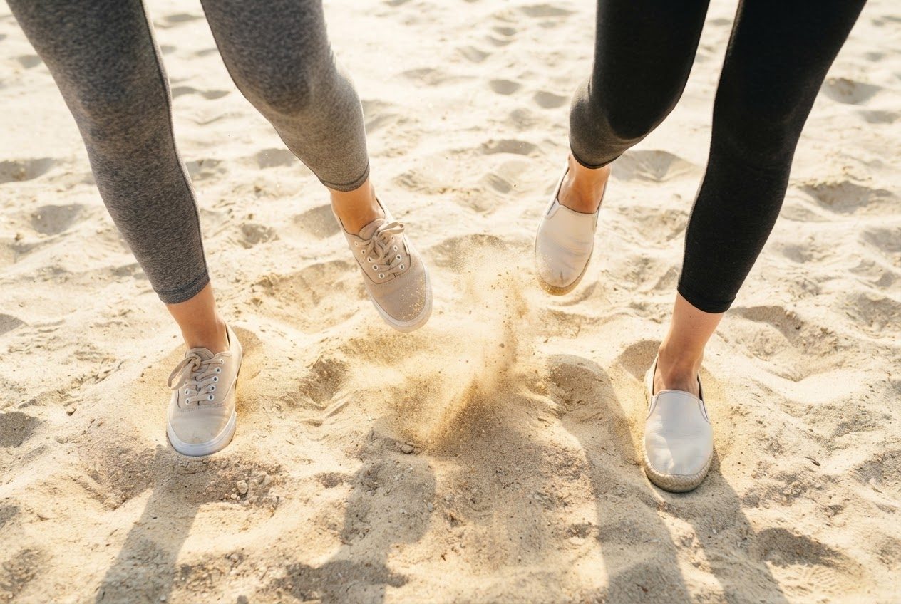 Close view of shoes and lower legs meeting sunlit ground, kicking up a little sand or dust