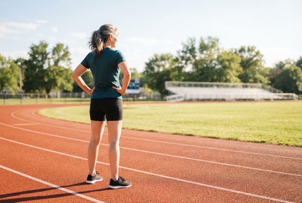 A runner pausing to enjoy the view mid-run, back to camera, bright open scenery