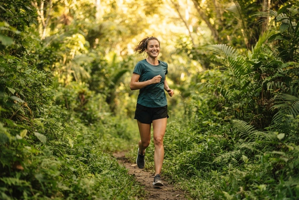 A runner moving at an easy pace through thick humid summer air, heavy green foliage all around, taking the heat in good humour