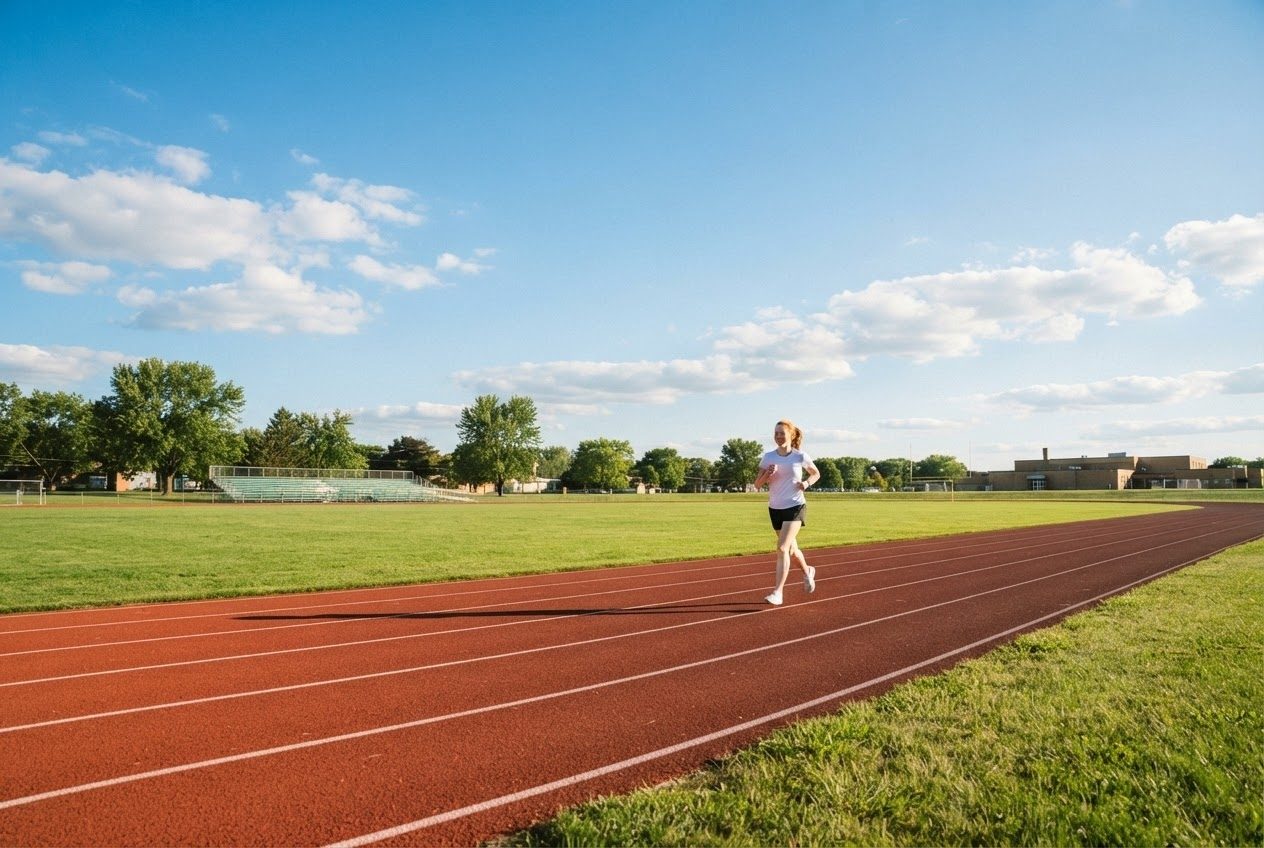 A runner far in the distance on a sunlit open path, the landscape wide and bright around them