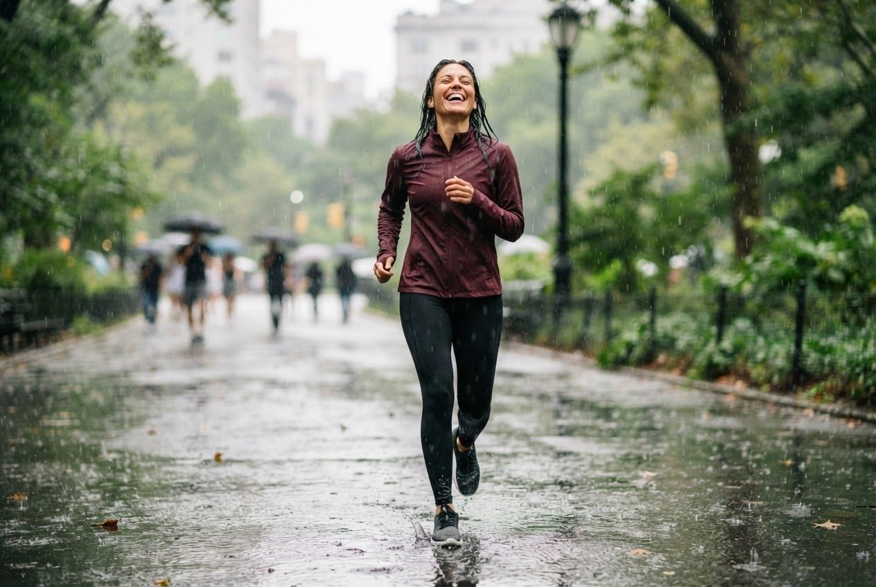 A woman running through real rain on a city path, laughing with her face up to the sky, puddles splashing — thoroughly enjoying the wet weather