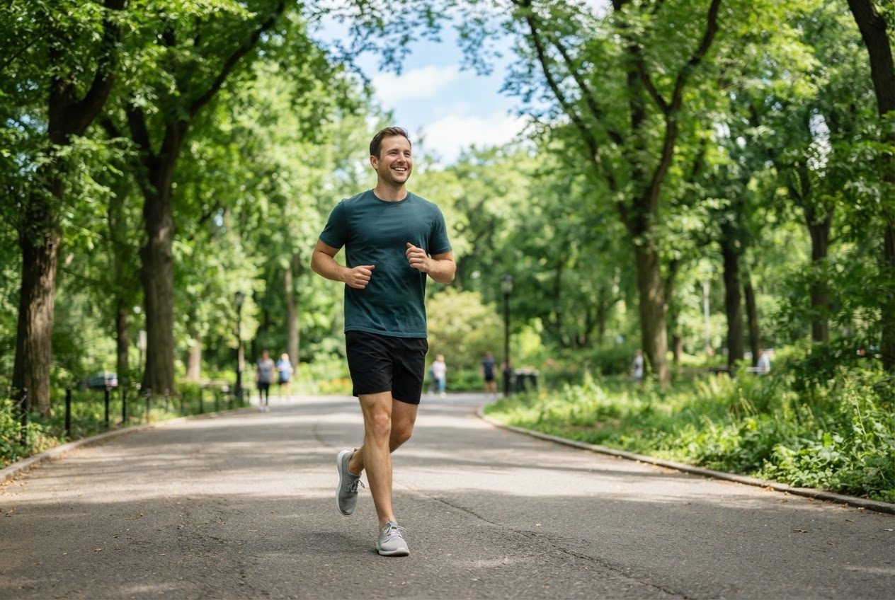 A runner far in the distance on a sunlit open path, the landscape wide and bright around them
