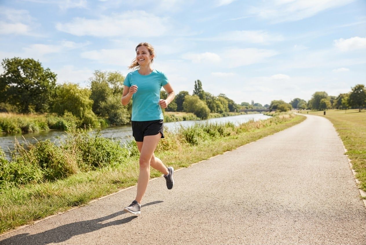 A long open riverside path stretching ahead in bright sunshine, one runner moving steadily, wide blue sky