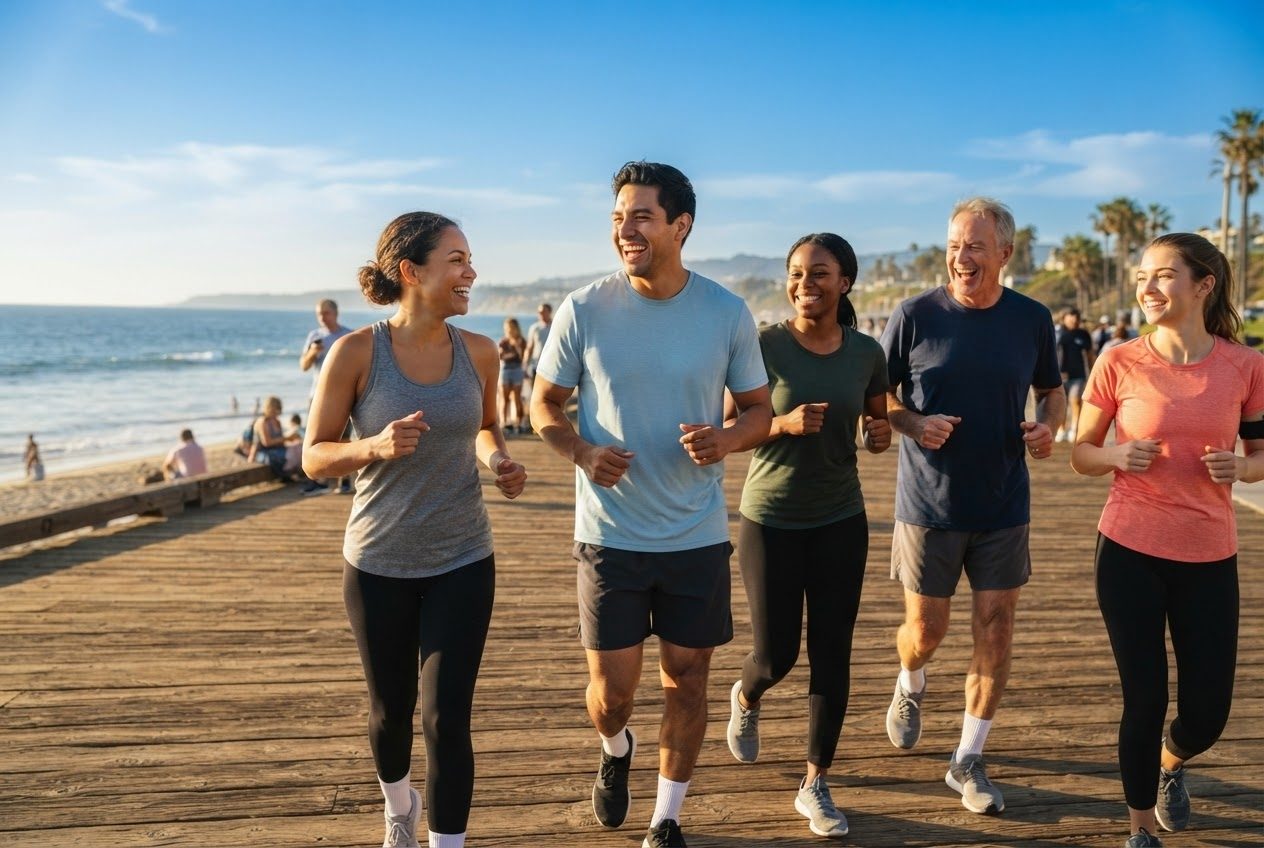 A group of ordinary runners setting off together in a sunny park, relaxed and laughing