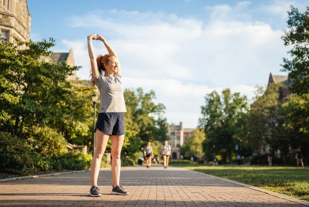 A runner stretching their arms overhead at the end of a run under a wide blue sky