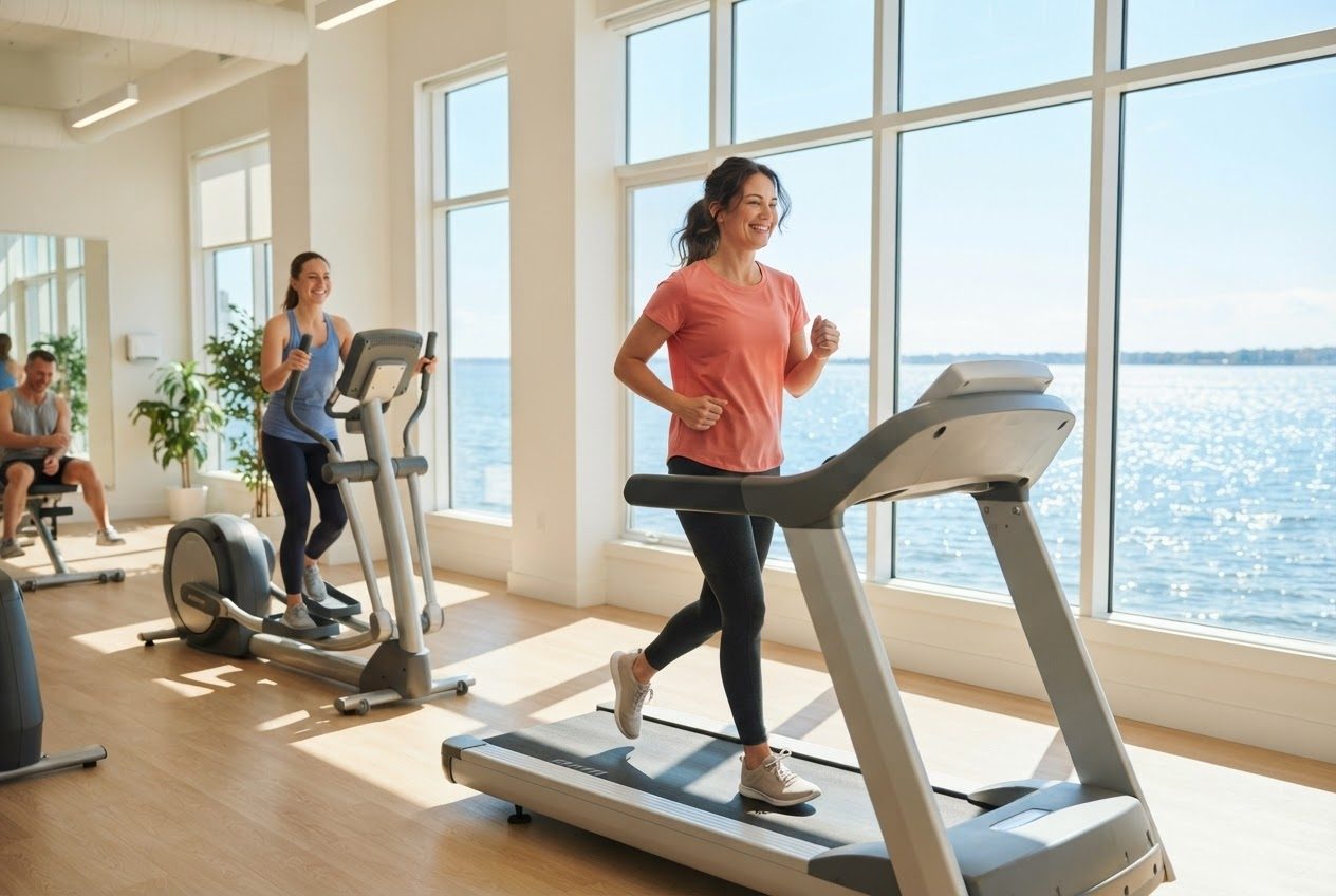A woman running on a treadmill in a bright quiet gym with large windows and plenty of daylight, calm and unglamorous