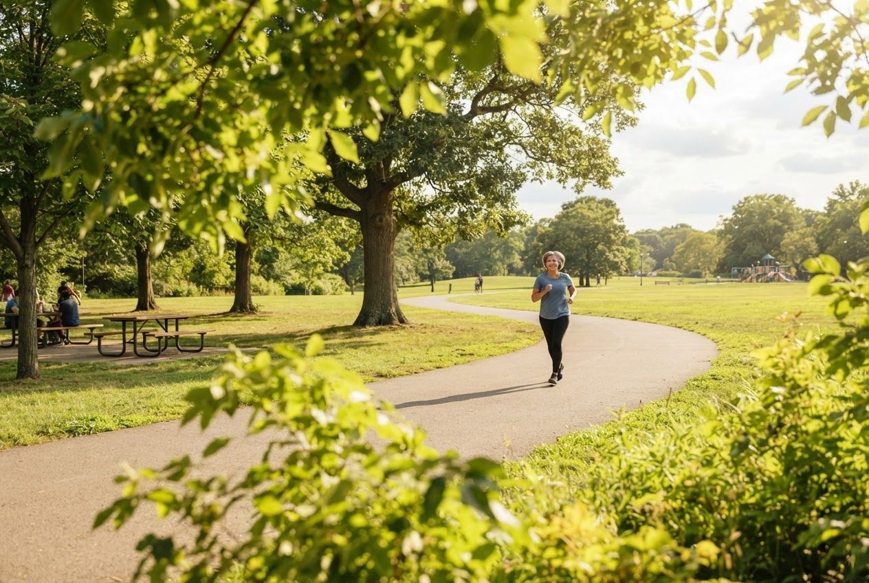 A runner far in the distance on a sunlit open path, the landscape wide and bright around them