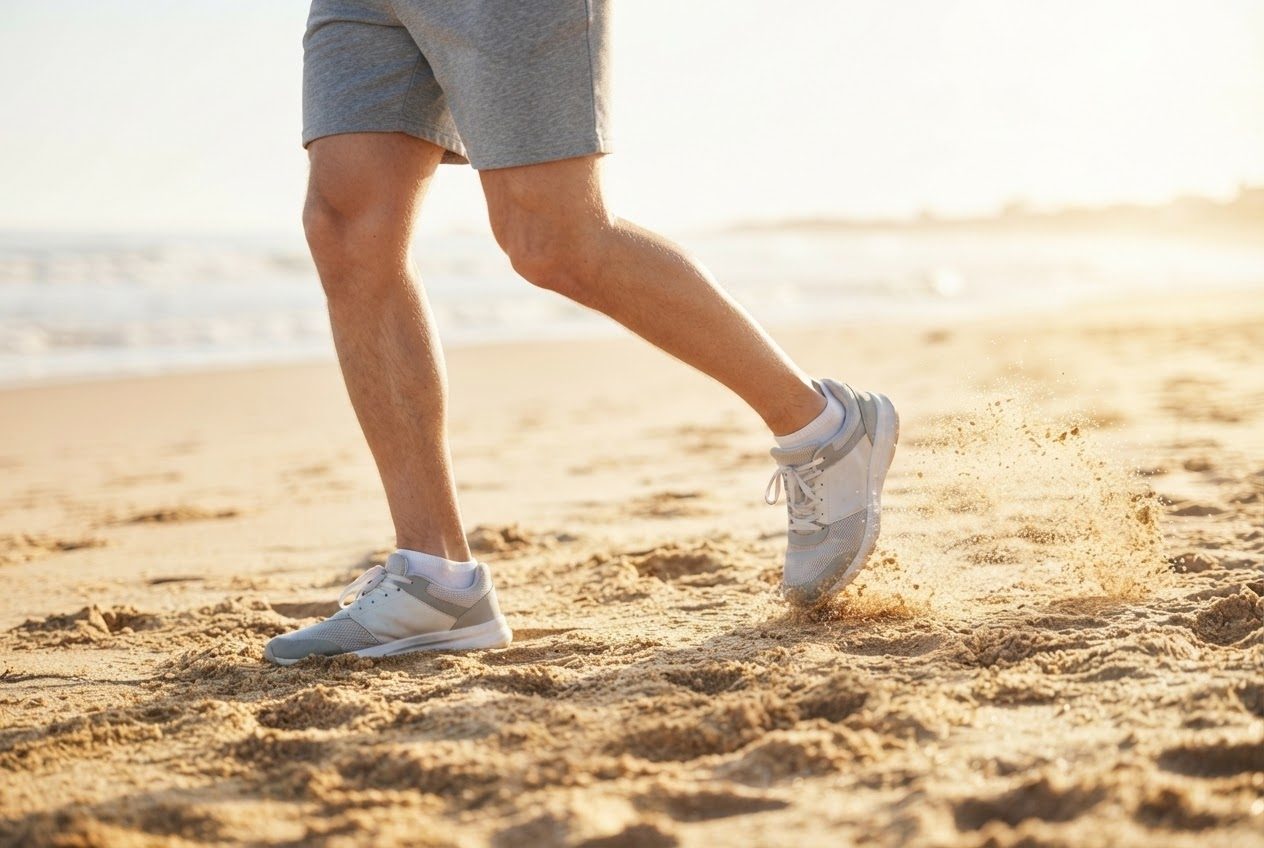 Close view of shoes and lower legs meeting sunlit ground, kicking up a little sand or dust