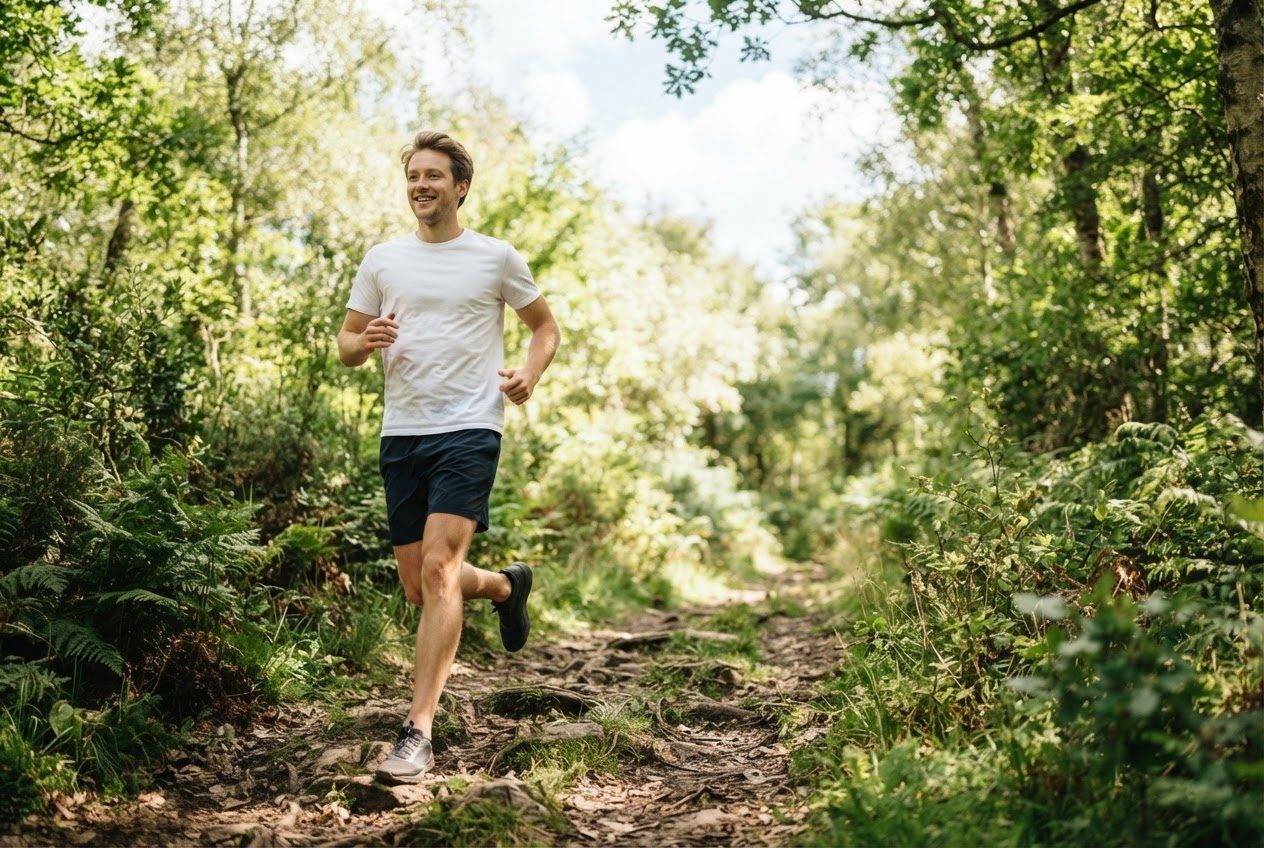 A man running carefully on a narrow forest trail, dappled sunlight through leaves, uneven earth and roots underfoot