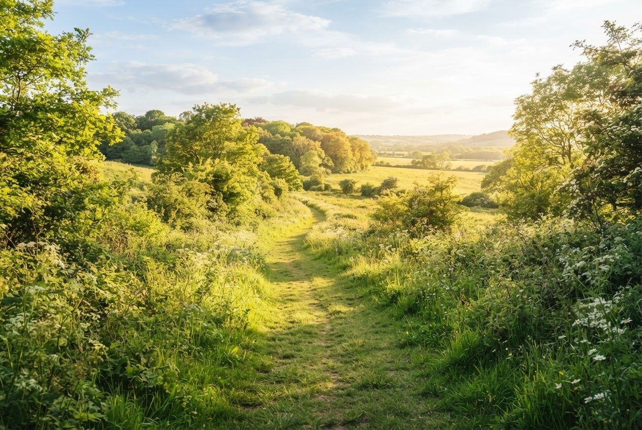 The same sunlit path seen empty, green and inviting, light across the ground