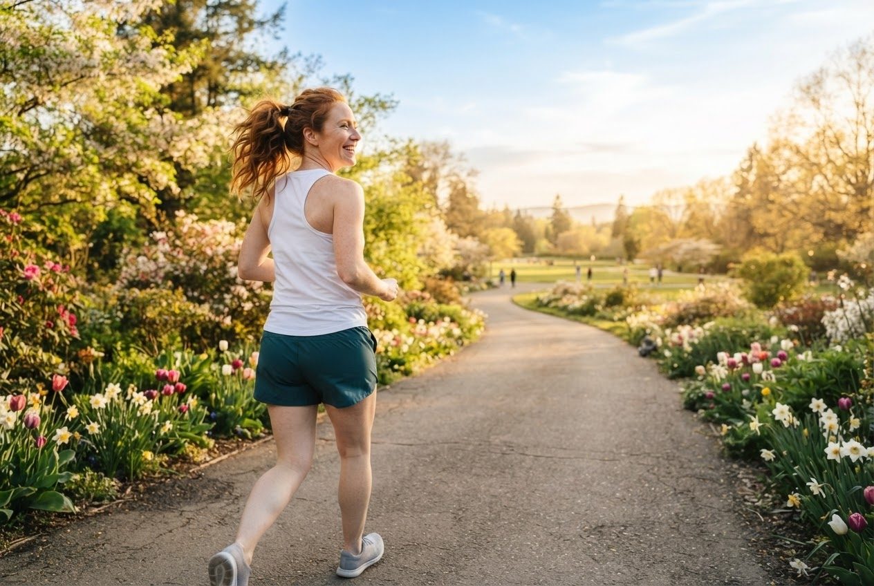 A runner smiling into the sun at the turnaround point of their route