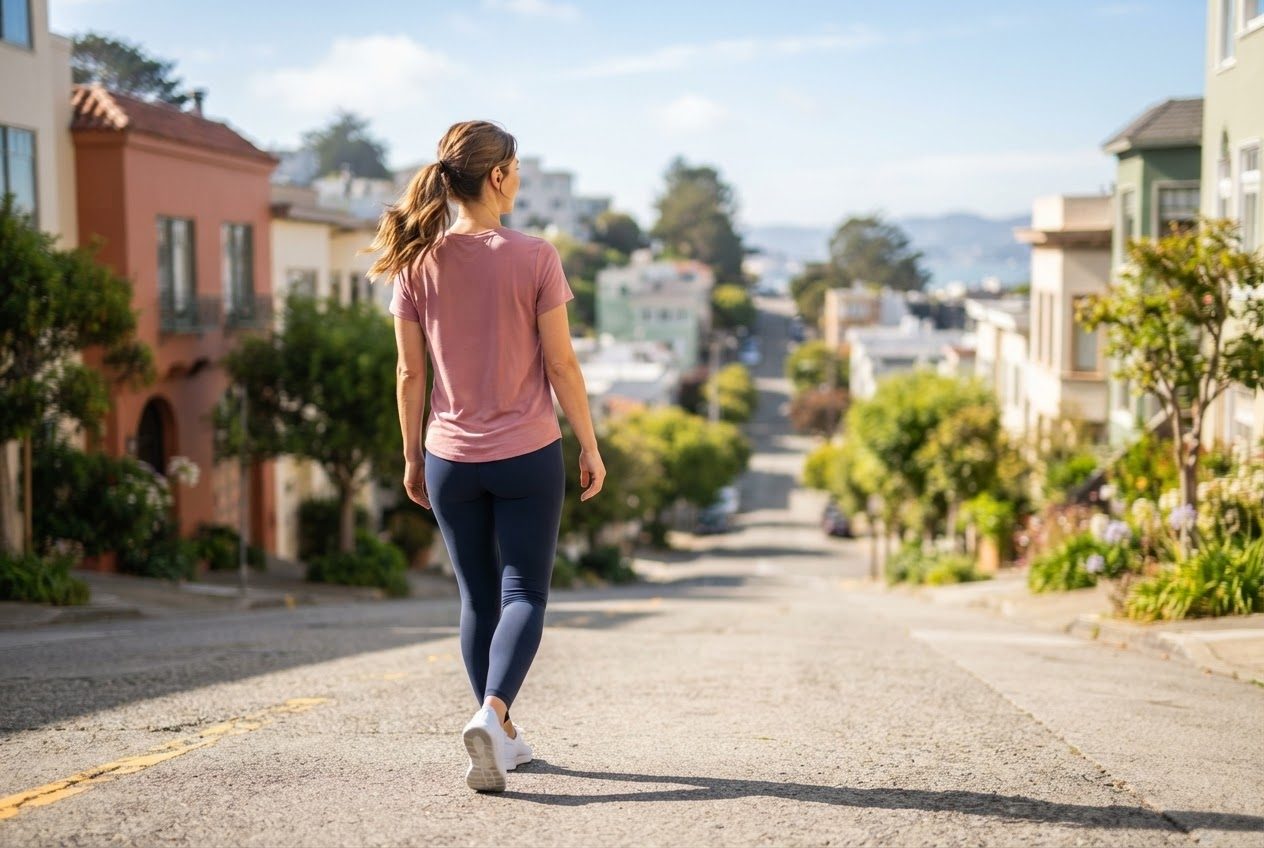 Seen from behind, a woman taking short steps up a steep neighbourhood hill road, leaning slightly forward, bright afternoon sky above