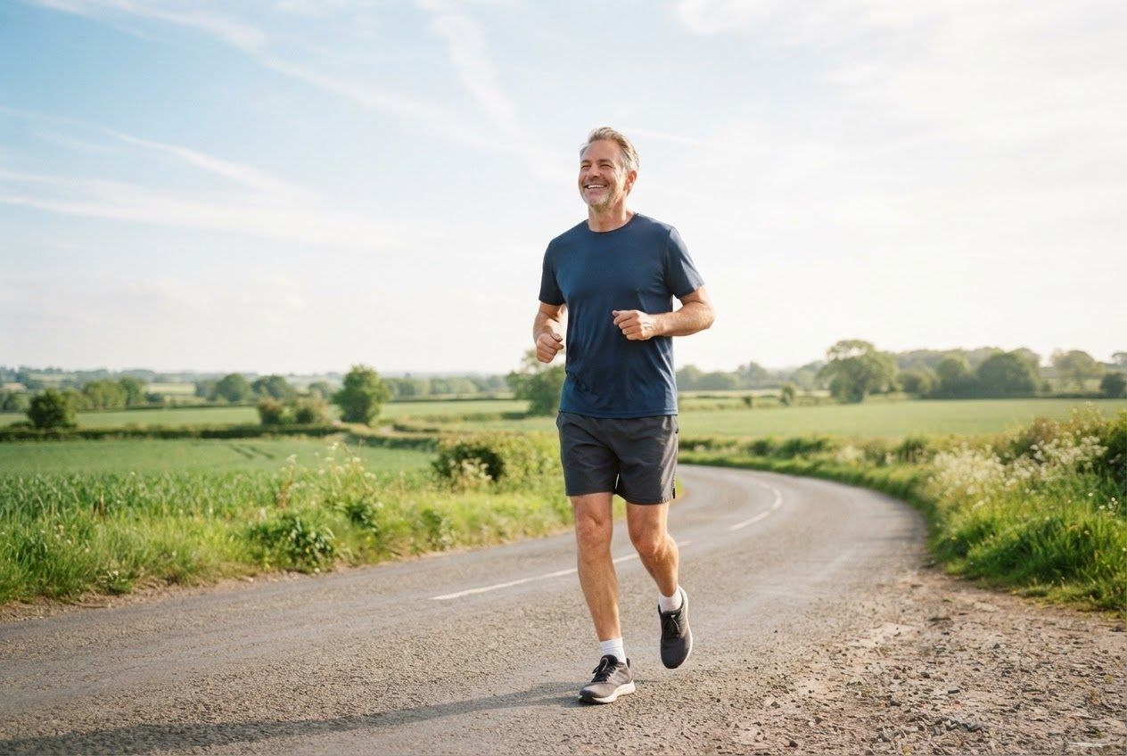 A runner smiling into the sun at the turnaround point of their route