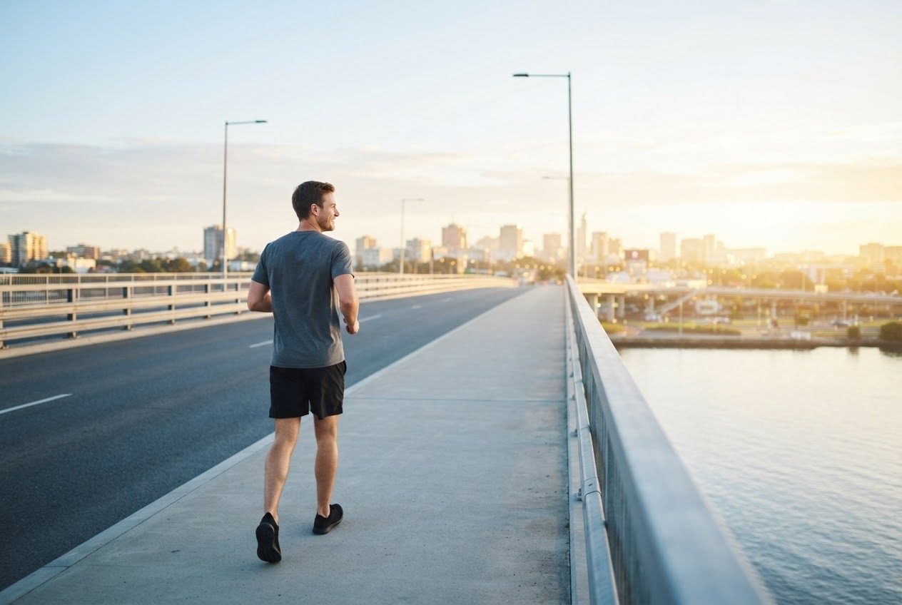 Seen from behind, a man taking his very first slow jogging steps across an empty city bridge at dawn, cool blue light, city waking up in the distance