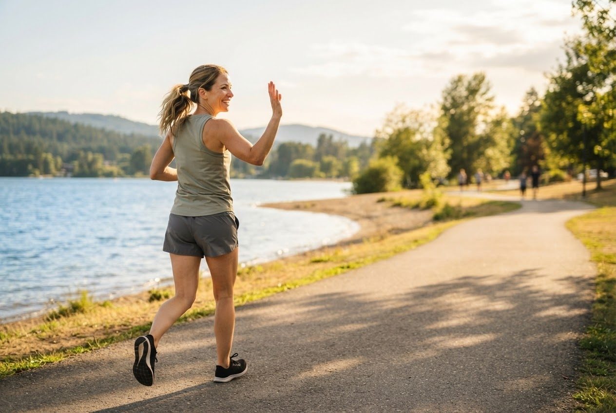 A runner waving to someone across a bright park path mid-run