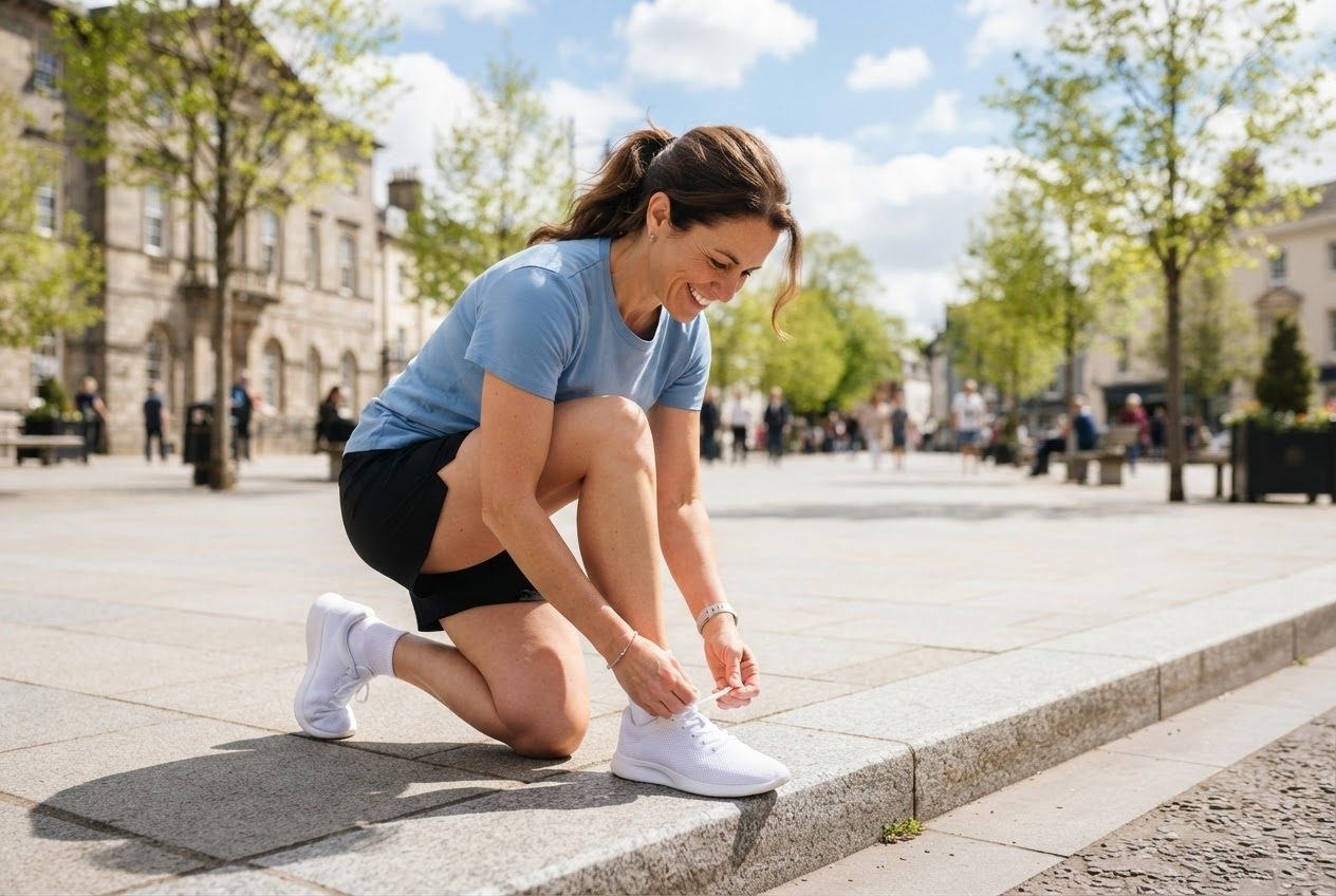 A runner tying a shoelace on a sunny kerb, cheerful and ready