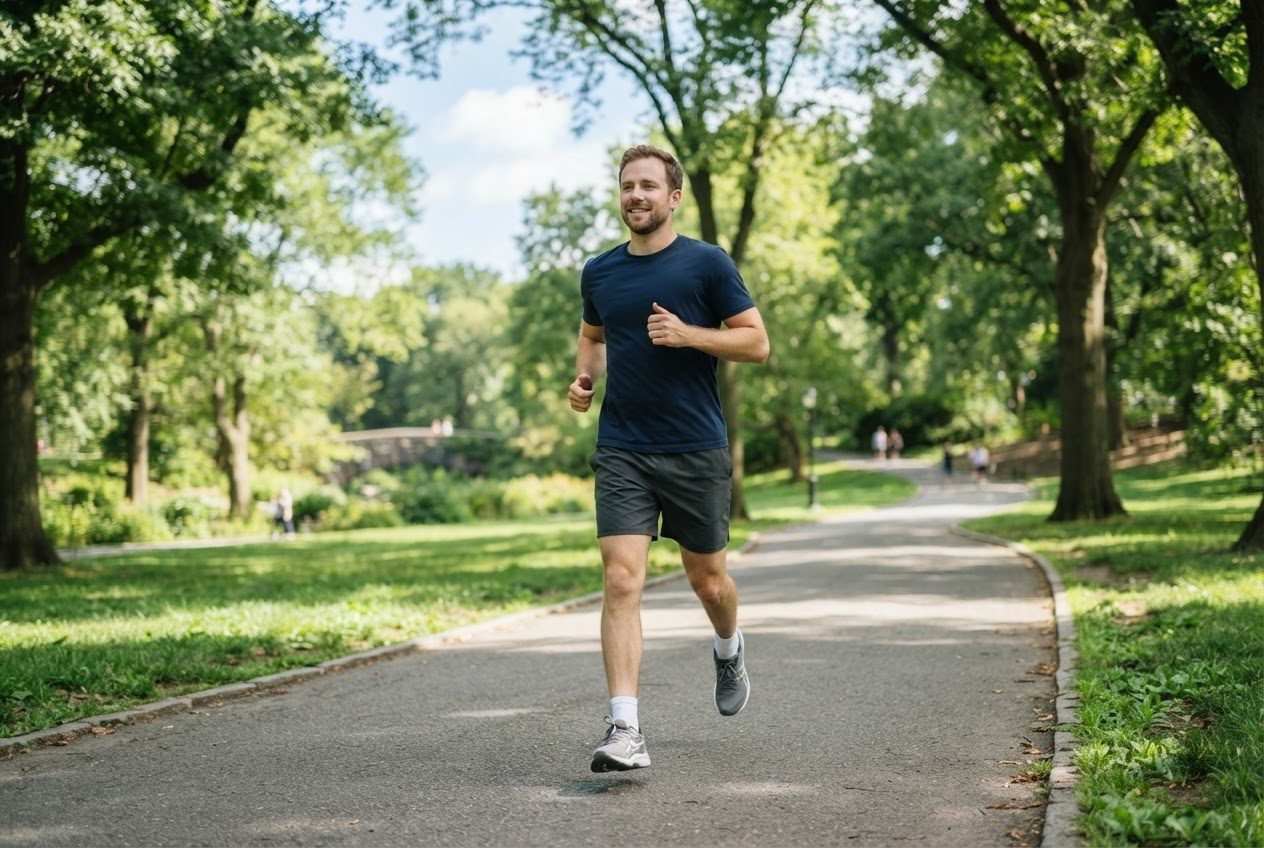 A group of ordinary runners setting off together in a sunny park, relaxed and laughing
