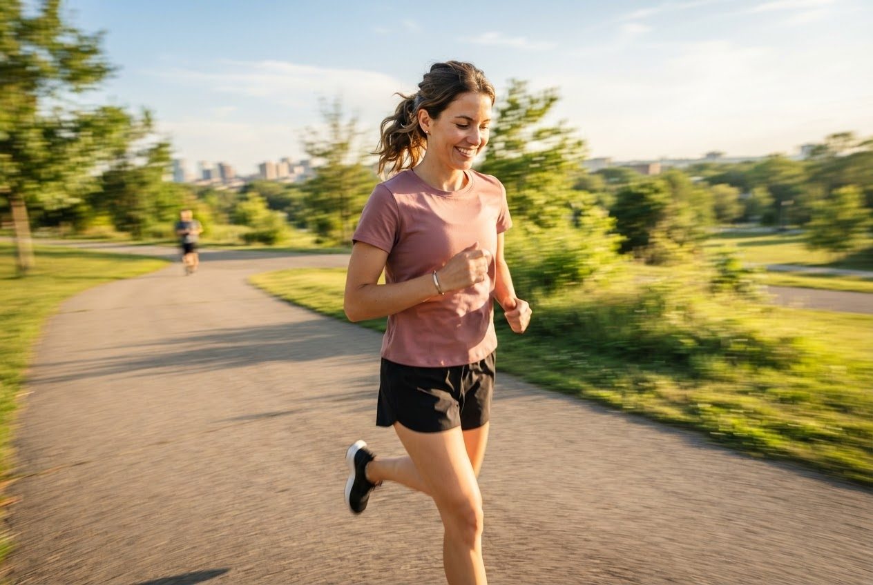 A runner's upper body held perfectly steady and level while the legs and background blur with motion, emphasising stillness above and movement below