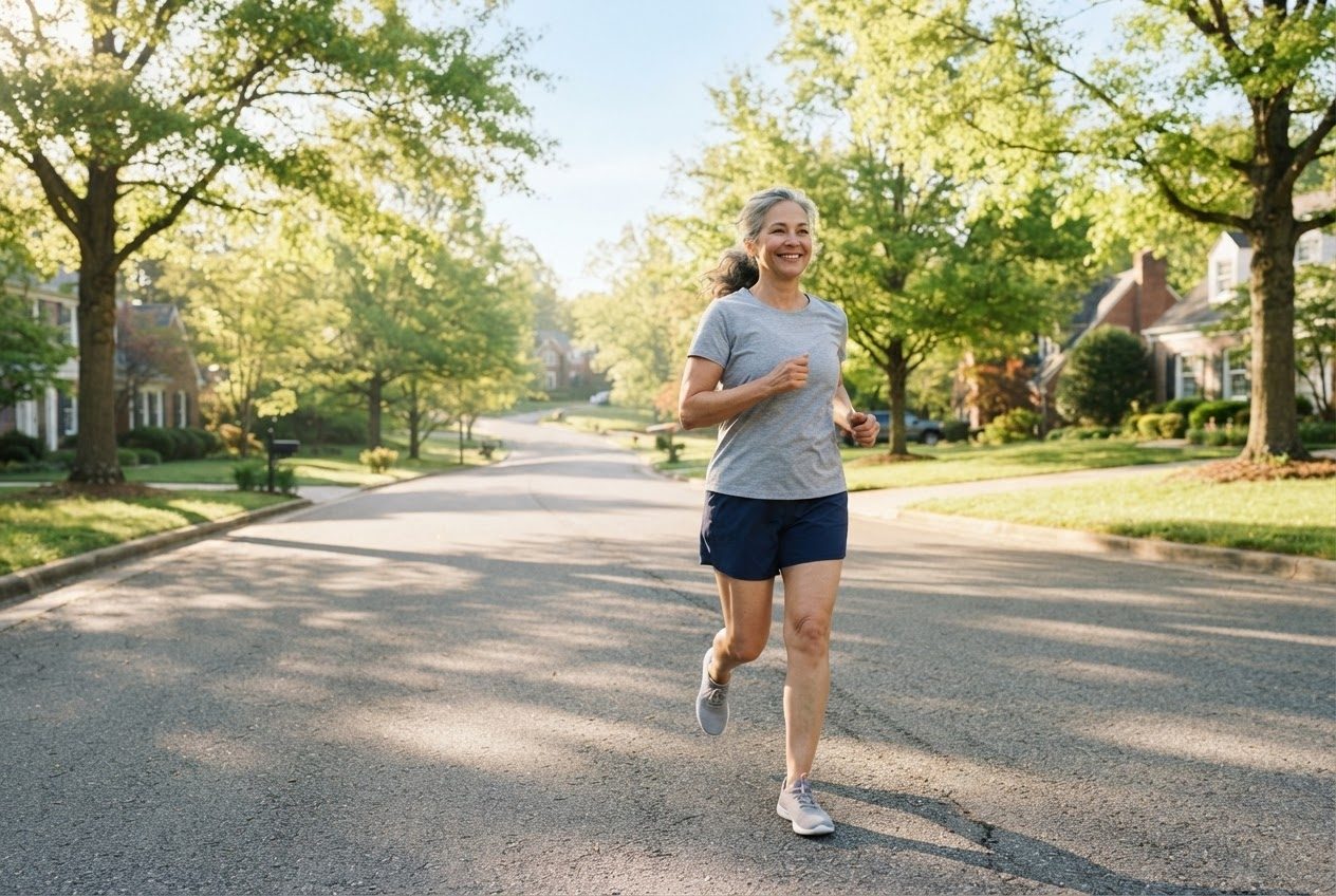 A runner setting off down a sunny street, hands empty, easy stride