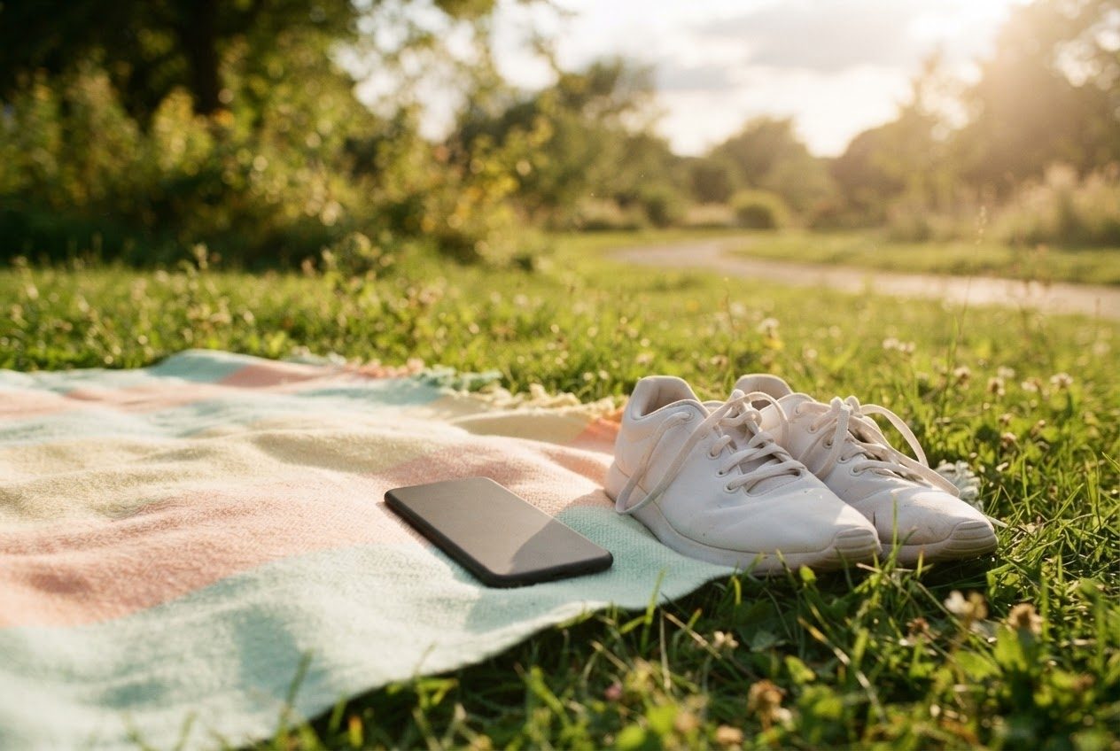 A smartphone face down on a picnic blanket in a sunny park beside running shoes