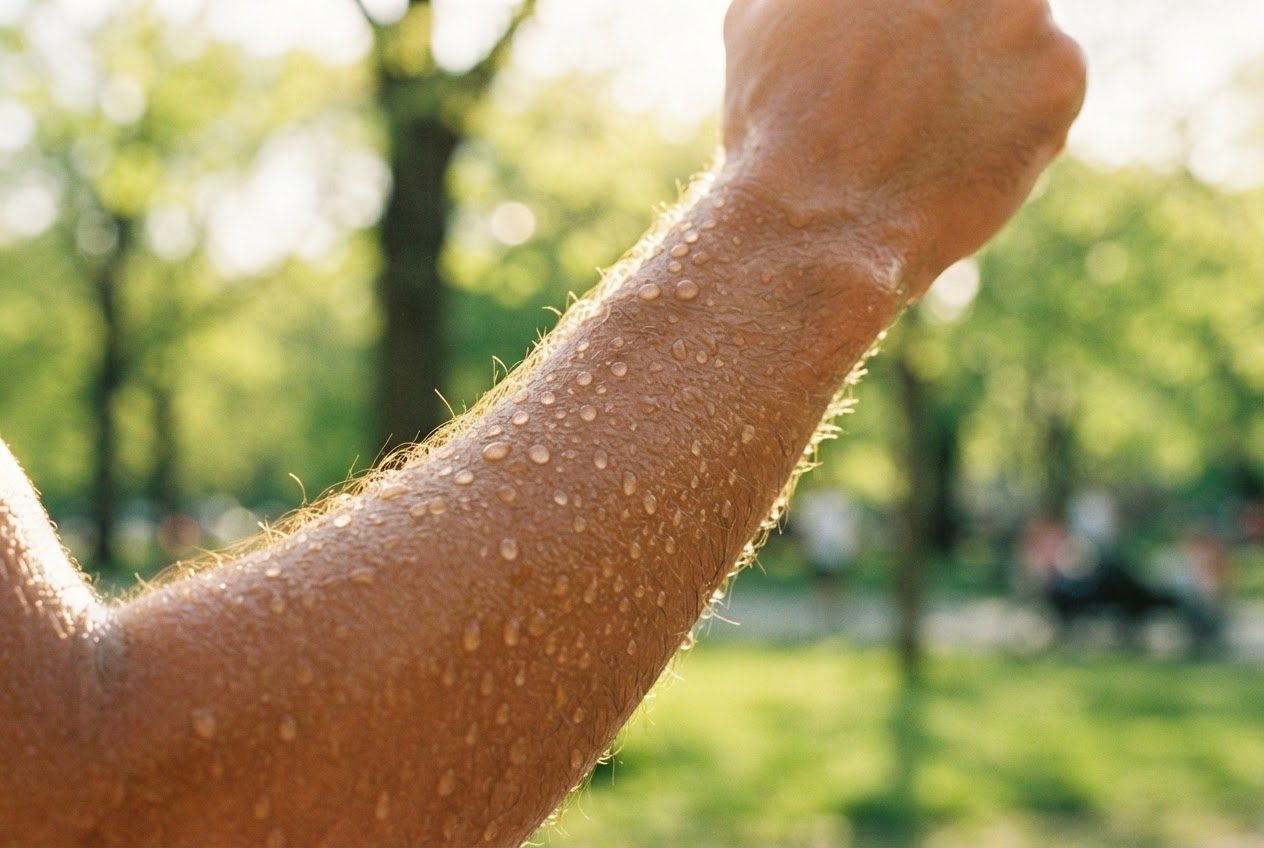 Macro view of sweat beads on a runner's forearm skin catching bright summer sunlight
