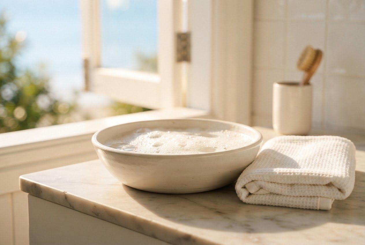 A bright bathroom counter with a shallow basin of soapy water and a clean folded cloth