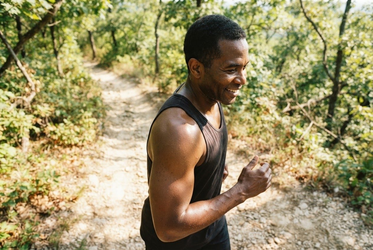 A bare upper arm and shoulder of a runner mid-stride in bright sunlight, nothing worn on the arm