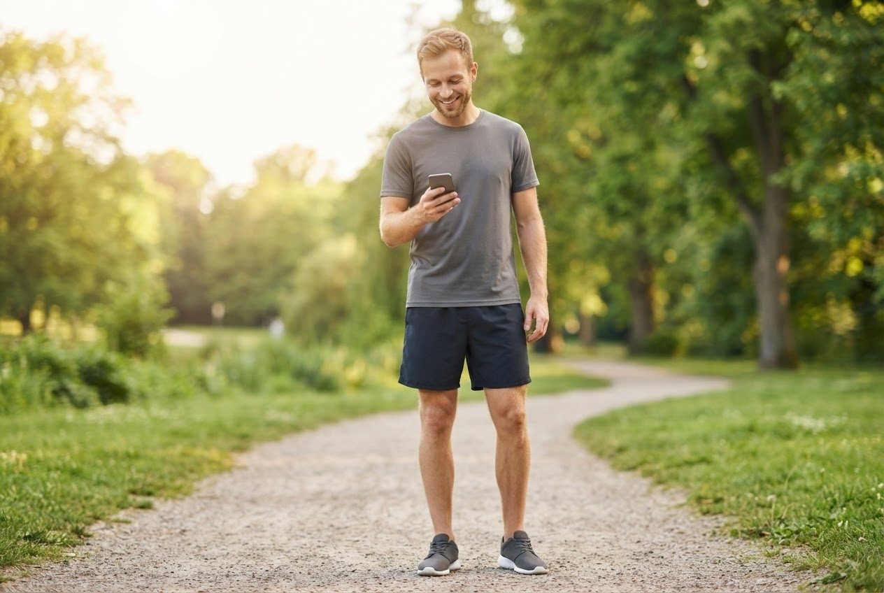 Close view of a man pausing mid-run and glancing down at a smartphone held loosely in one hand, screen not readable, soft morning light