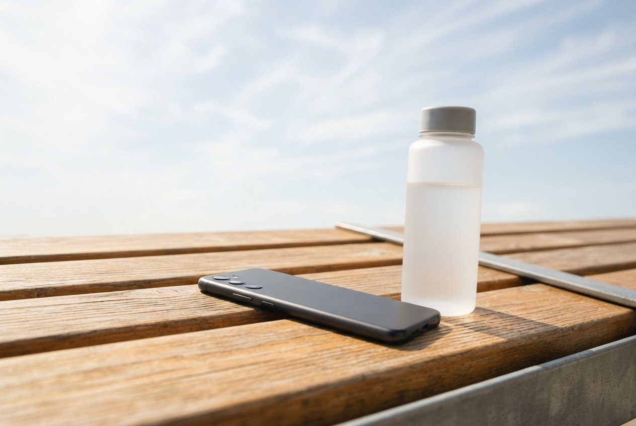 A smartphone lying face down on a sunny bench beside a water bottle, bright clean light