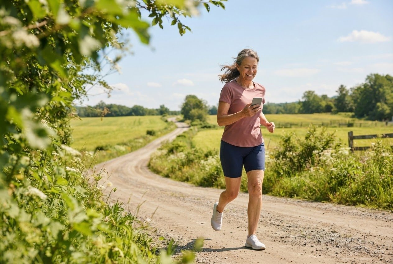 A hand gripping a phone mid-run with the arm swing visibly restricted, the runner glancing at it awkwardly