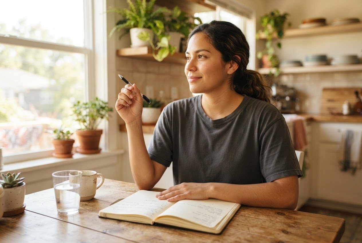 A small open paper notebook and a pen on a kitchen table beside a water glass, a few short handwritten lines, morning light