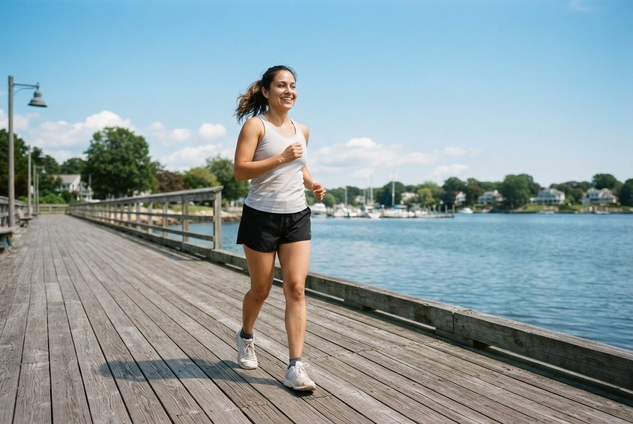 A smartphone resting on a sunny railing overlooking a bright running path