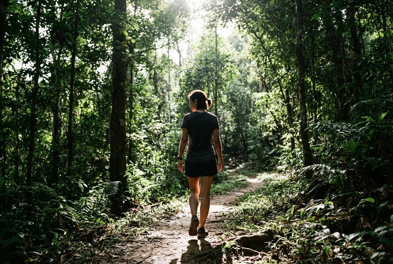 A Southeast Asian woman in her thirties, an ordinary beginner runner, walks calmly for a moment as the weather and landscape fill most of the frame on a shaded forest trail
