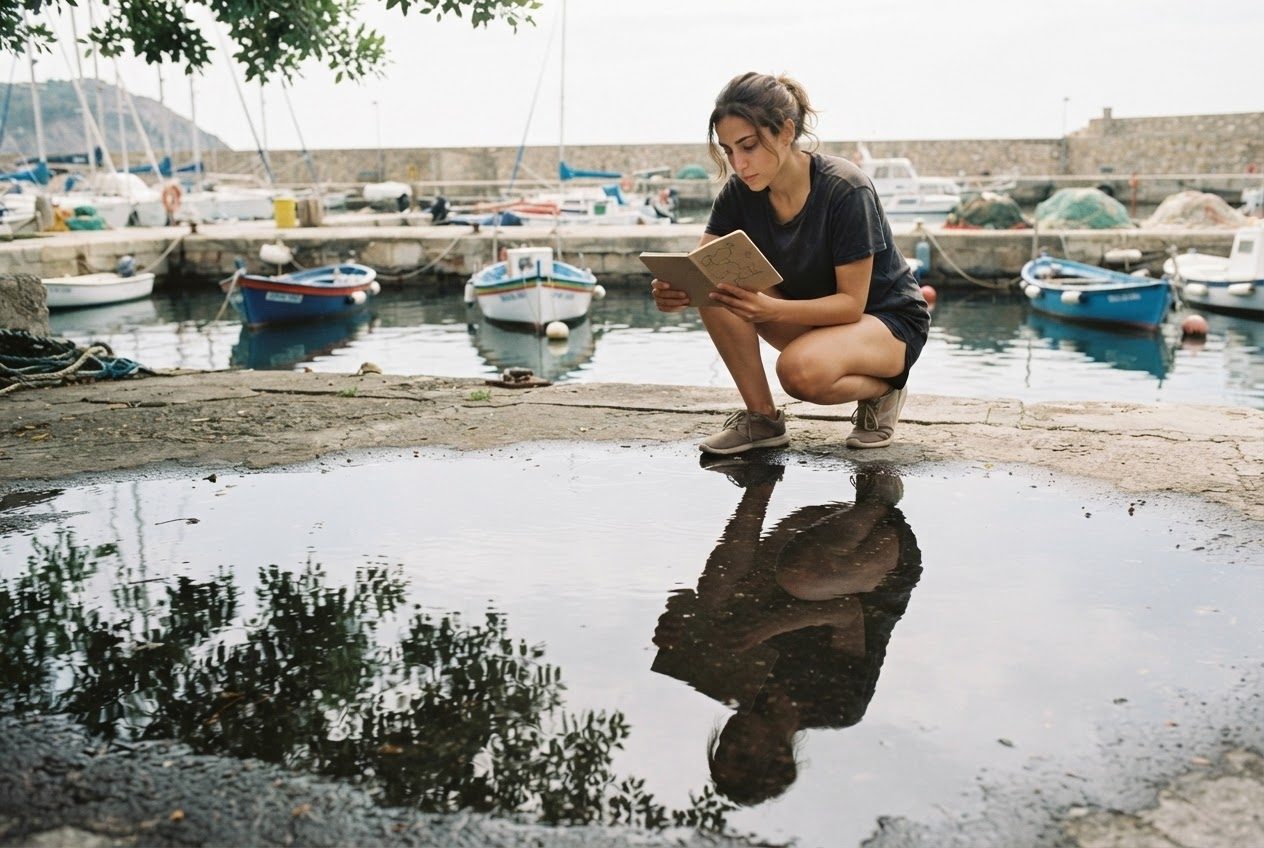 A Middle Eastern woman in her twenties, an ordinary beginner runner, studies a hand-drawn route in a plain notebook before setting off along a harbour breakwater with fishing boats