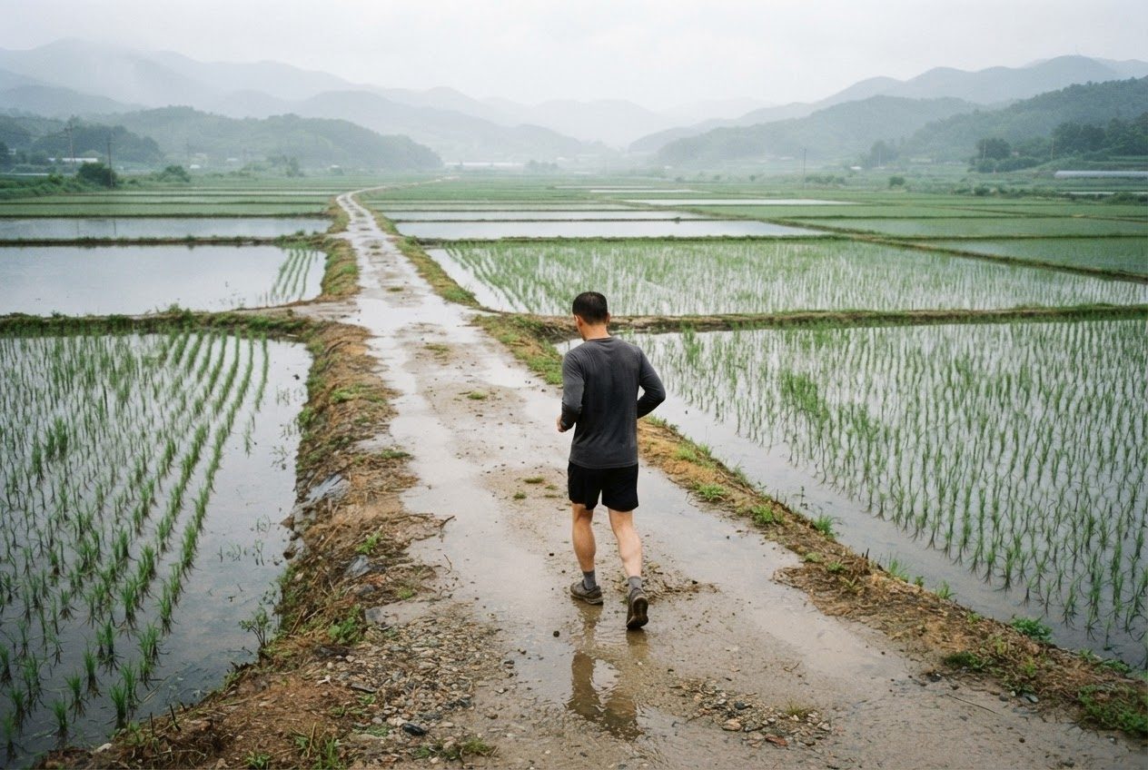 A Korean man in his forties, an ordinary beginner runner, follows a quiet path into the distance with the day's conditions clearly visible on a raised path between rice paddies