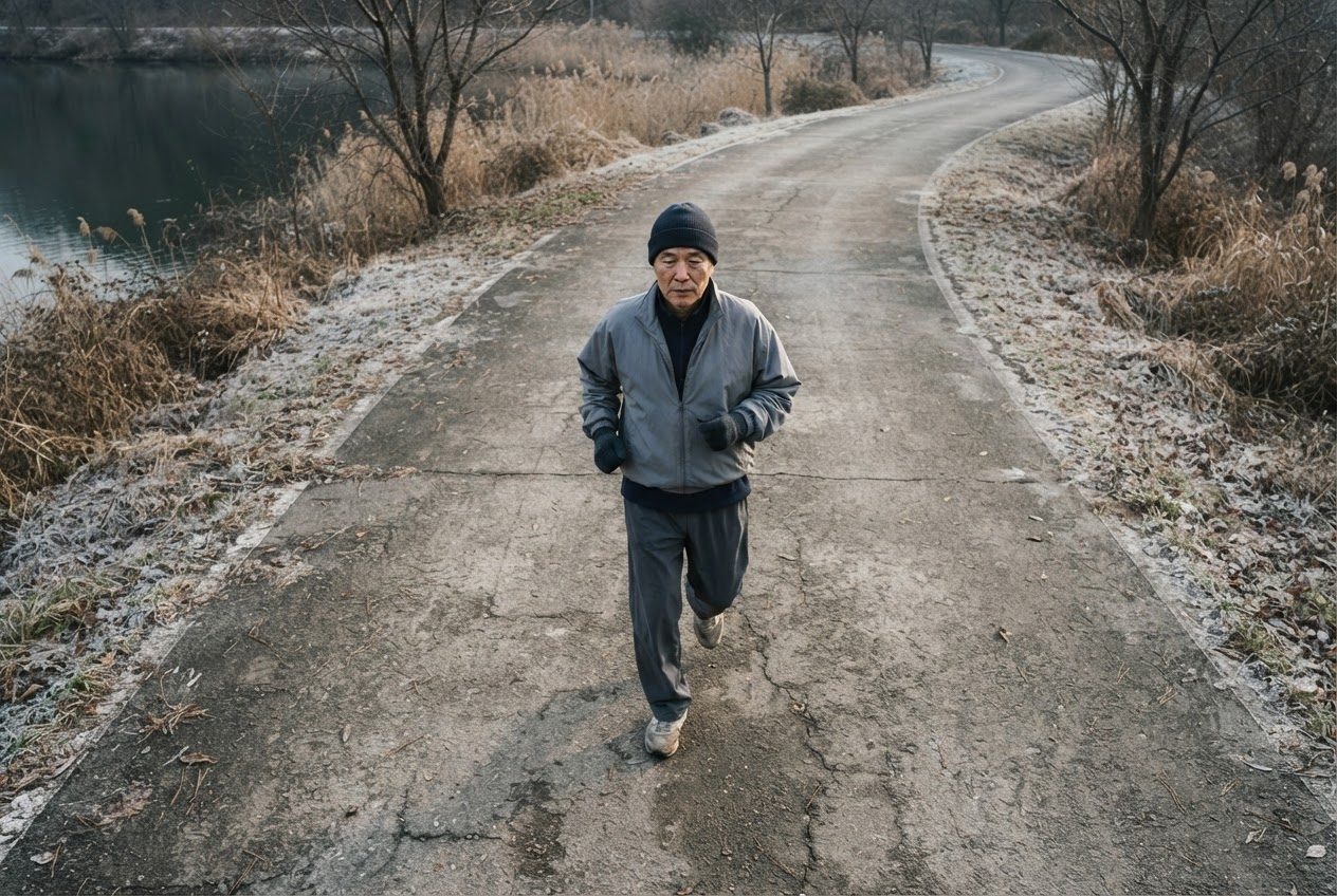 A Korean man in his sixties, an ordinary beginner runner, moves steadily through the weather while the running surface dominates the frame on a reservoir loop path
