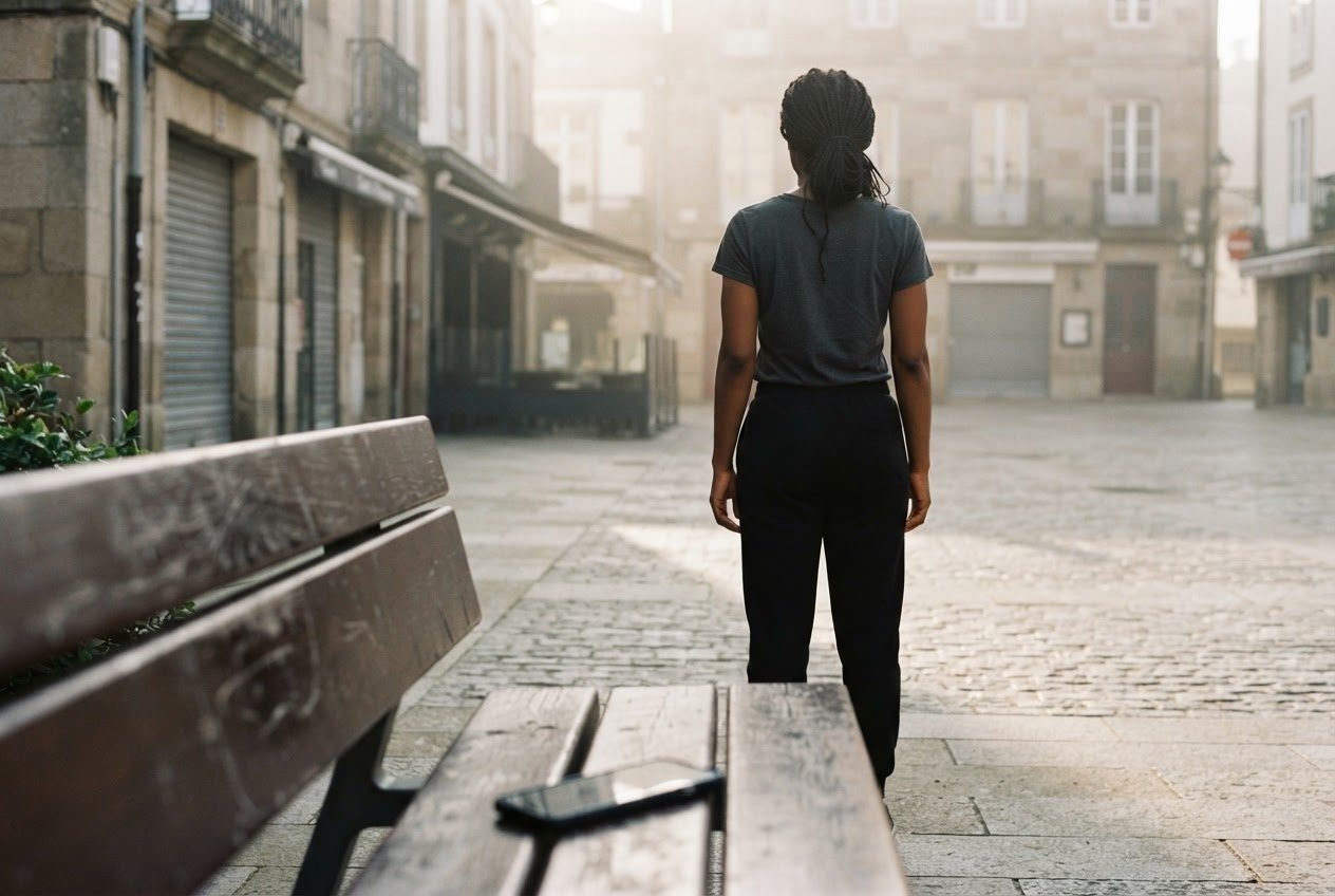 A dark-screen smartphone cools face down on a shaded wooden bench while a Black woman in her thirties, an ordinary beginner runner, waits nearby in a city square before the shops o