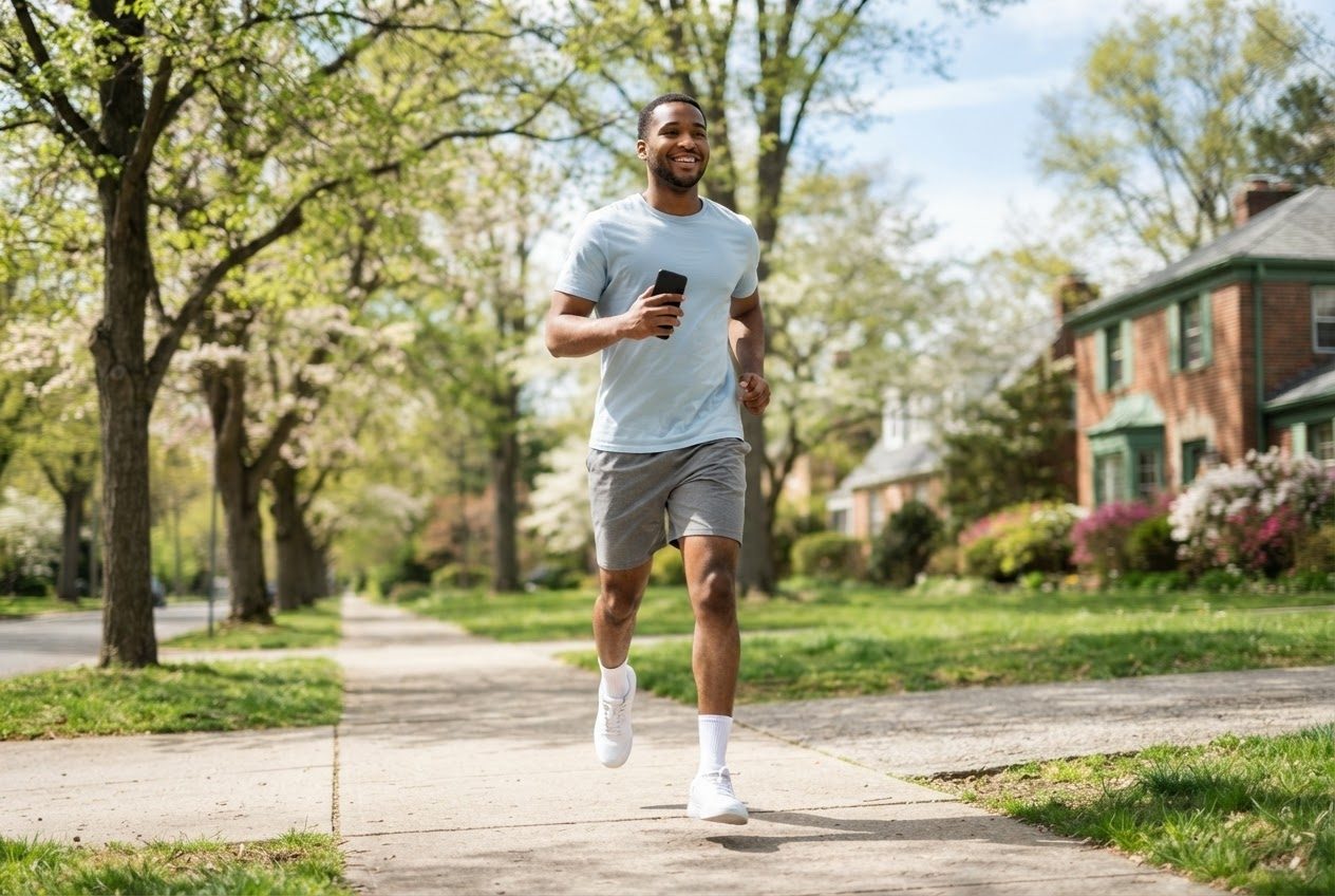 Tight close view of a hand gripping a smartphone mid-stride, knuckles tense, arm swing visibly restricted, slight motion blur