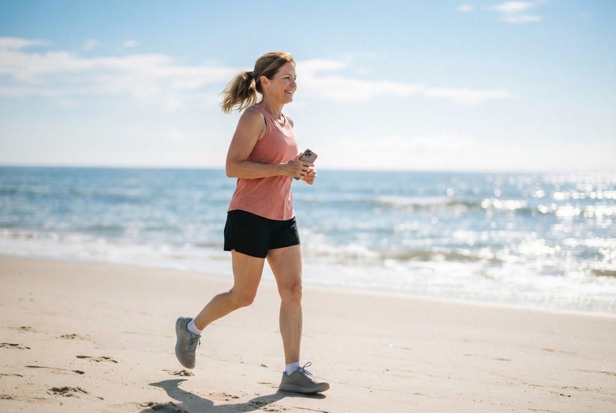 A runner glancing down at a phone screen for a second mid-run, then looking back up smiling