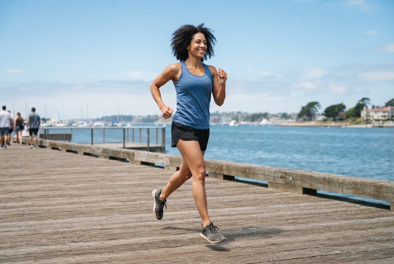 Two runners jogging side by side chatting, neither carrying anything in their hands